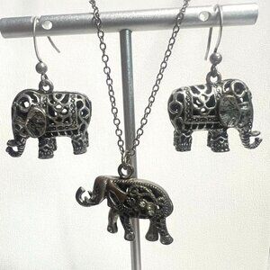 Boho Elephant Jewelry SSet Silver-Tone Filigree Necklace and Dangle Earrings